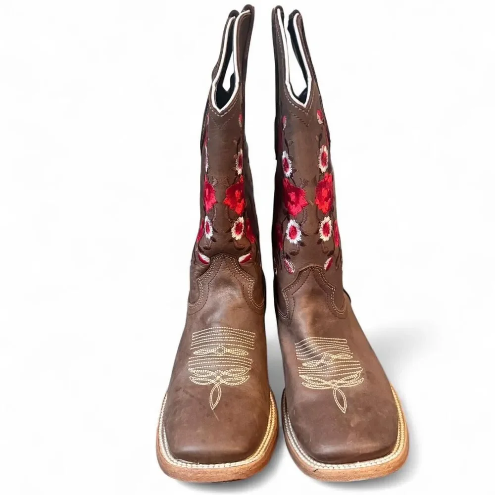 White Diamond Women’s Western Boots 7.5 Brown Leather Embroidered Square Toe